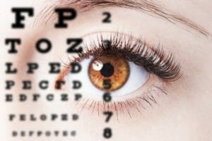 Close-up of a cornea and an eye chart